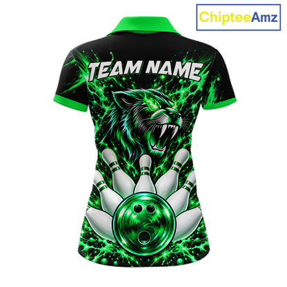 Custom Black And Green Neon Bowling Polo 1/4-Zip For Women Wildcat Bowler Jersey Bowling League NYN4643