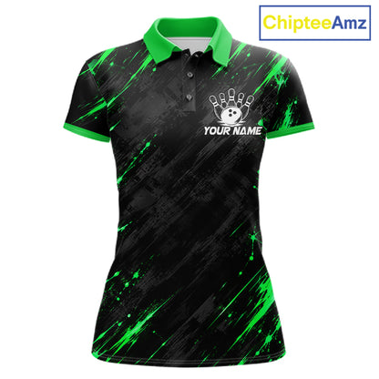Custom Black And Green Neon Bowling Polo 1/4-Zip For Women Wildcat Bowler Jersey Bowling League NYN4643
