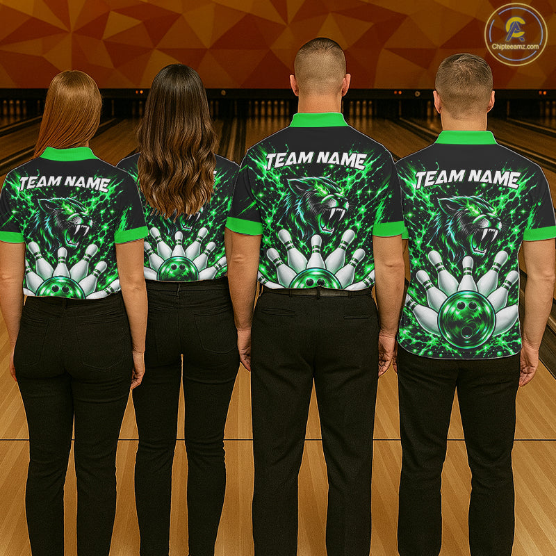 Custom Black And Green Neon Bowling Polo 1/4-Zip For Men Wildcat Bowler Jersey Bowling League NYN4643