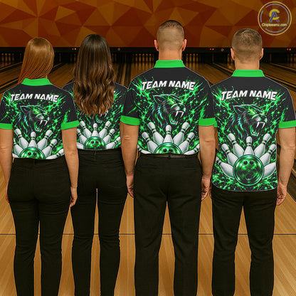 Custom Black And Green Neon Bowling Polo 1/4-Zip For Men Wildcat Bowler Jersey Bowling League NYN4643