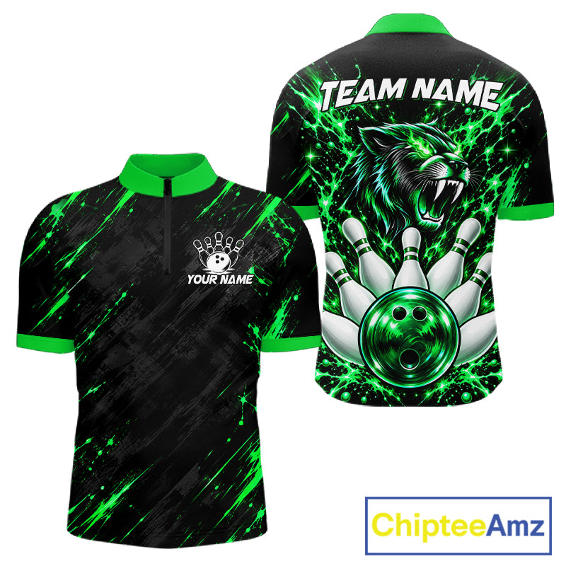 Custom Black And Green Neon Bowling Polo 1/4-Zip For Men Wildcat Bowler Jersey Bowling League NYN4643