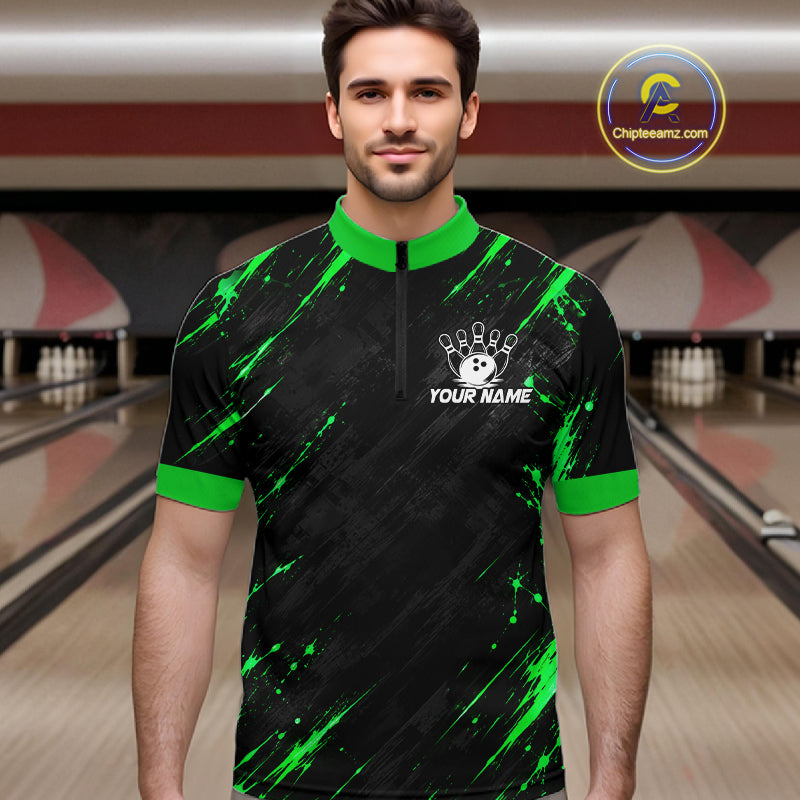 Custom Black And Green Neon Bowling Polo 1/4-Zip For Men Wildcat Bowler Jersey Bowling League NYN4643