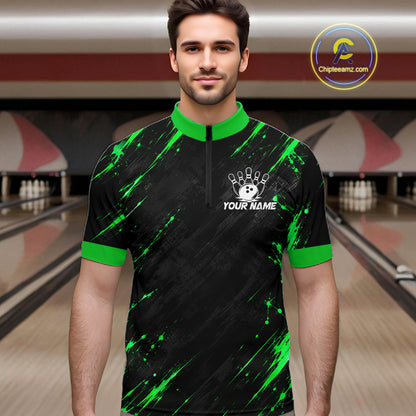 Custom Black And Green Neon Bowling Polo 1/4-Zip For Men Wildcat Bowler Jersey Bowling League NYN4643