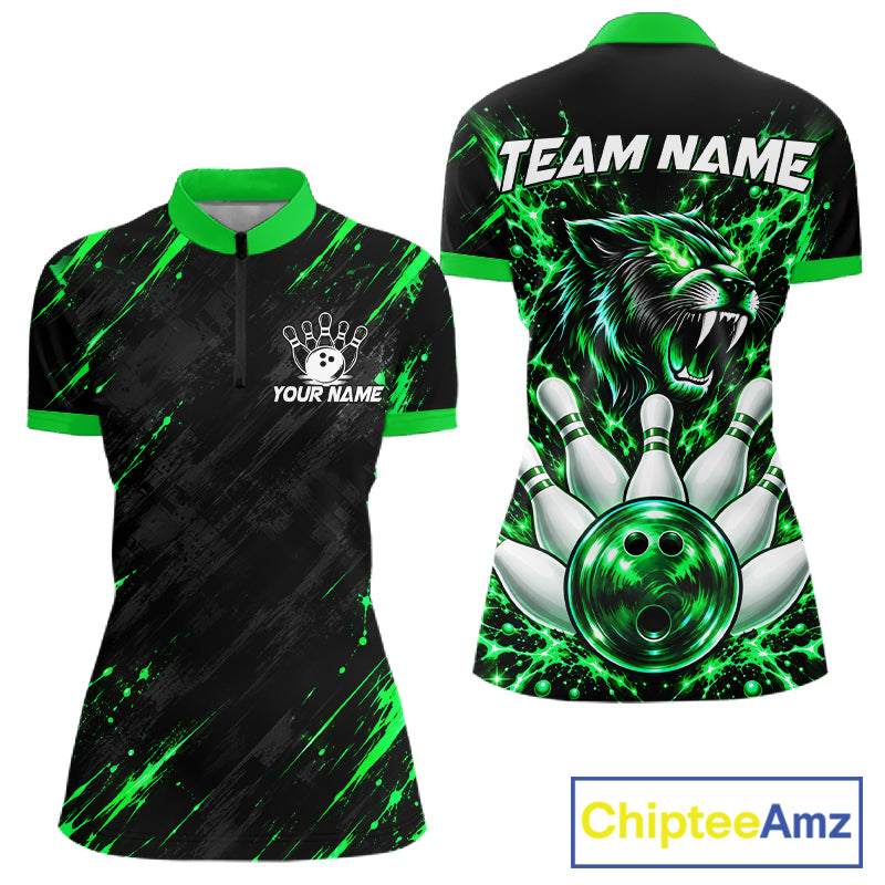 Custom Black And Green Neon Bowling Polo 1/4-Zip For Women Wildcat Bowler Jersey Bowling League NYN4643