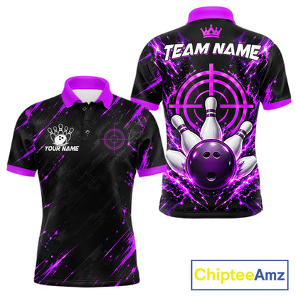 Custom Black And Blue Neon Bowling Polo 1/4-Zip For Men Crosshair Bowler Jersey Bowling League NYN4644