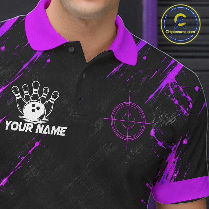 Custom Black And Blue Neon Bowling Polo 1/4-Zip For Men Crosshair Bowler Jersey Bowling League NYN4644