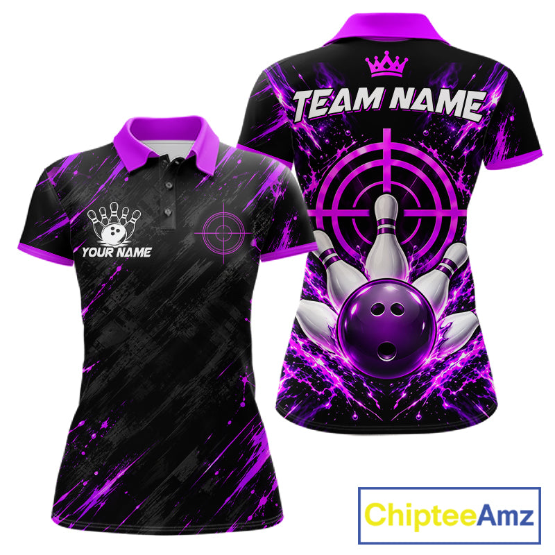 Custom Black And Blue Neon Bowling Polo 1/4-Zip For Women Crosshair Bowler Jersey Bowling League NYN4644