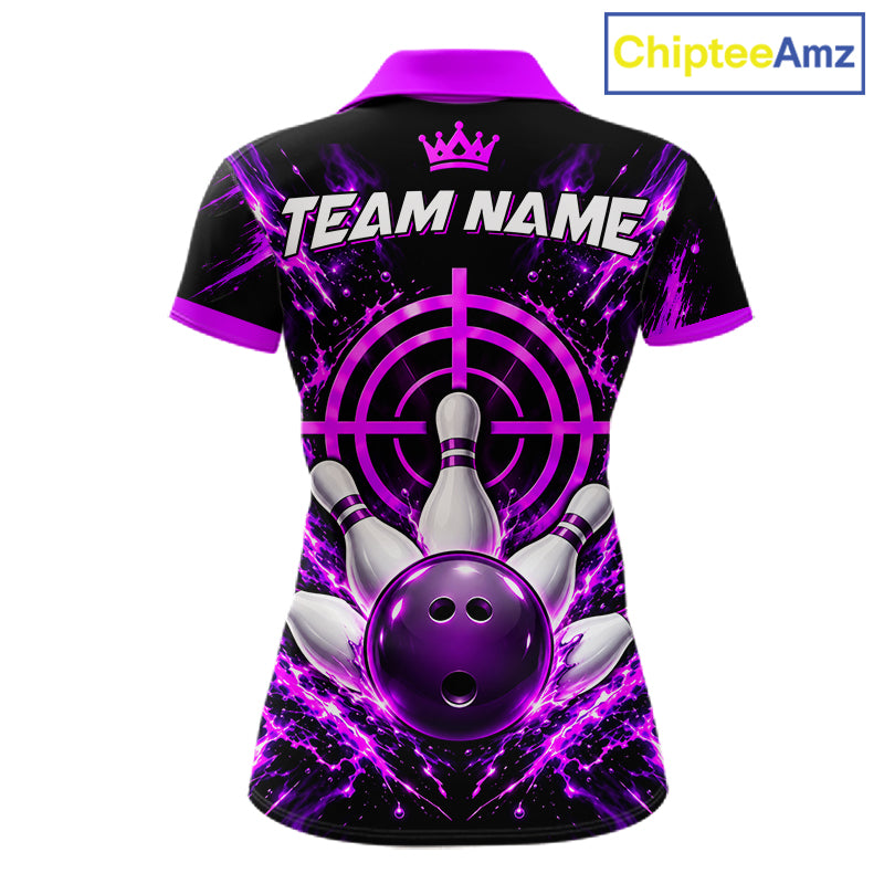 Custom Black And Blue Neon Bowling Polo 1/4-Zip For Women Crosshair Bowler Jersey Bowling League NYN4644
