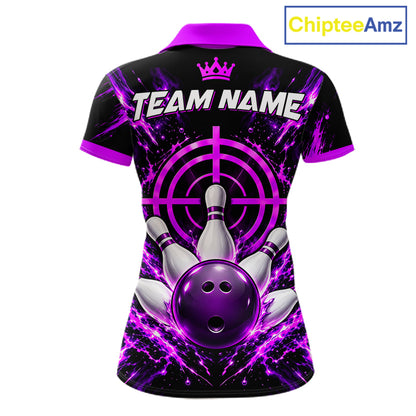 Custom Black And Blue Neon Bowling Polo 1/4-Zip For Women Crosshair Bowler Jersey Bowling League NYN4644