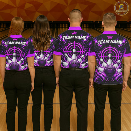 Custom Black And Blue Neon Bowling Polo 1/4-Zip For Men Crosshair Bowler Jersey Bowling League NYN4644