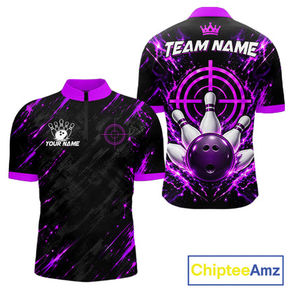 Custom Black And Blue Neon Bowling Polo 1/4-Zip For Men Crosshair Bowler Jersey Bowling League NYN4644