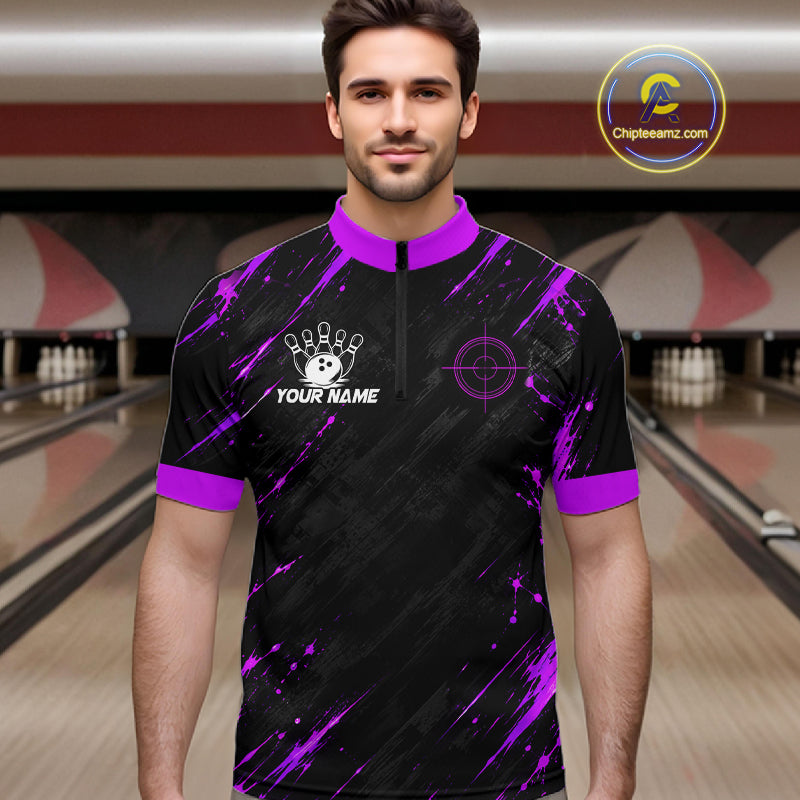 Custom Black And Blue Neon Bowling Polo 1/4-Zip For Men Crosshair Bowler Jersey Bowling League NYN4644