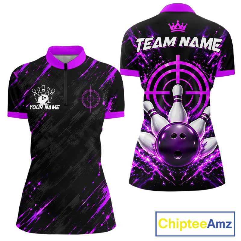 Custom Black And Blue Neon Bowling Polo 1/4-Zip For Women Crosshair Bowler Jersey Bowling League NYN4644