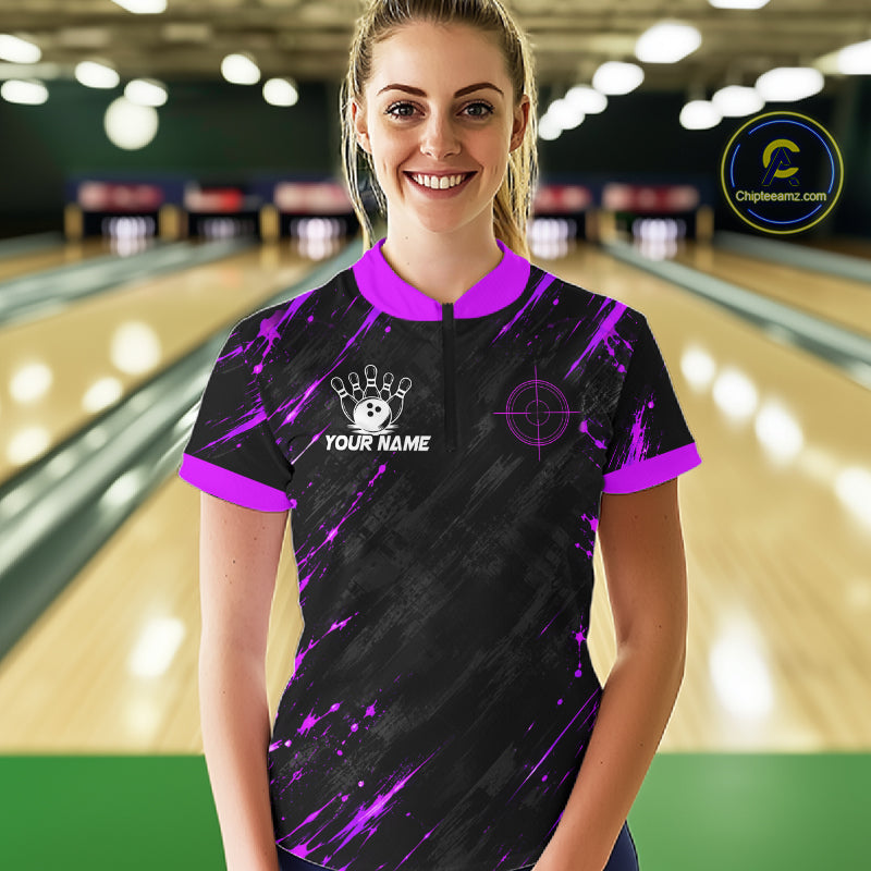 Custom Black And Blue Neon Bowling Polo 1/4-Zip For Women Crosshair Bowler Jersey Bowling League NYN4644