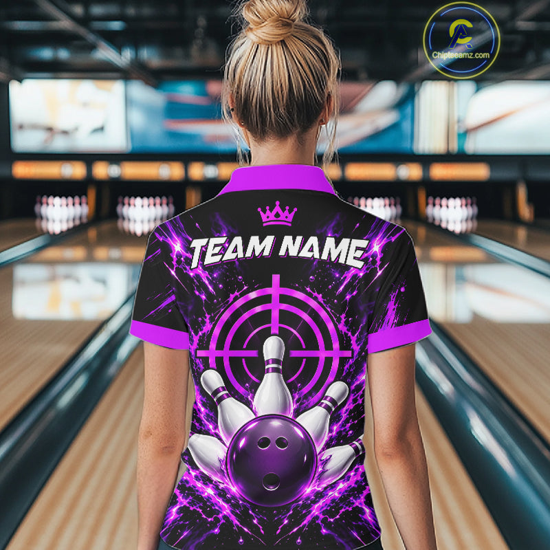 Custom Black And Blue Neon Bowling Polo 1/4-Zip For Women Crosshair Bowler Jersey Bowling League NYN4644