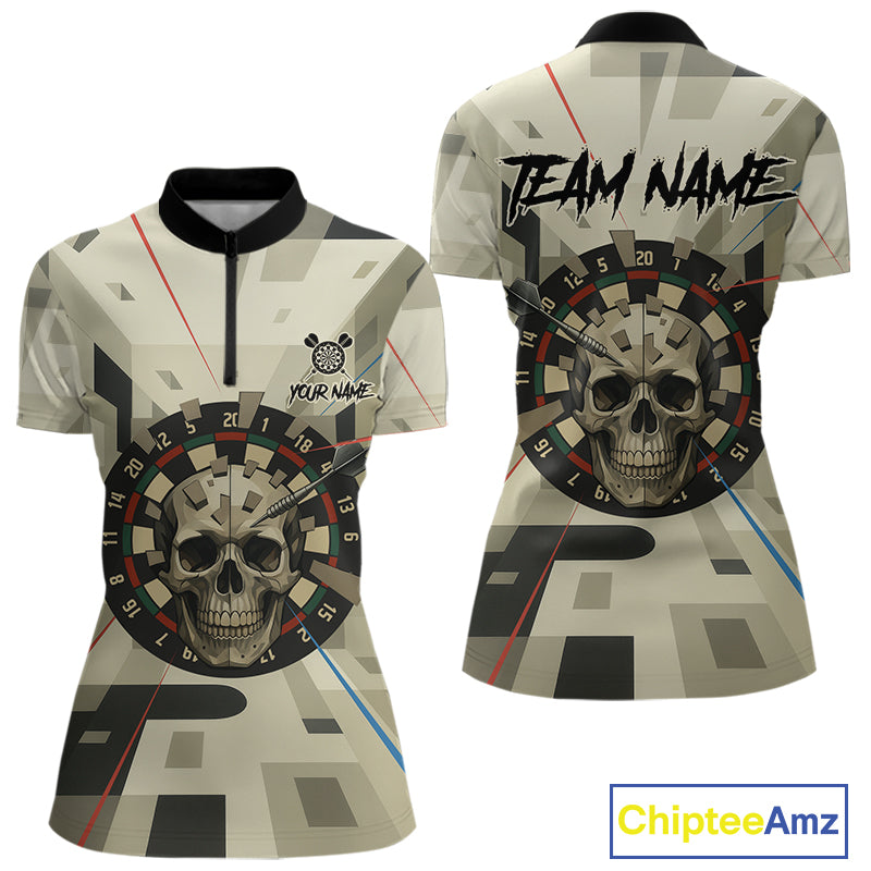 Geometric Dartboard Beige Skull Custom Women Quarter-Zip Dart Shirt Gifts For Dart Players NYN1767