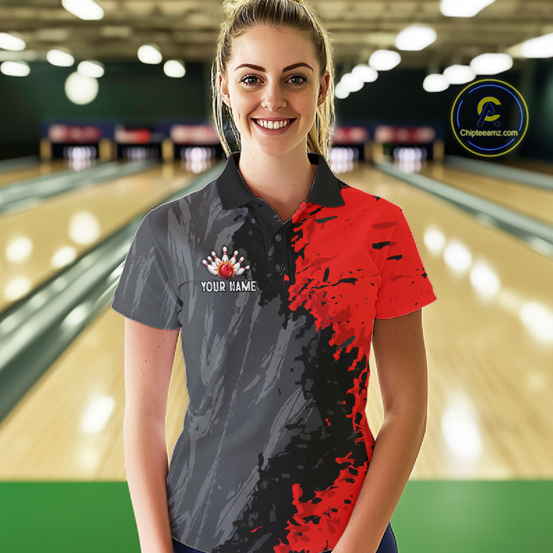American Flag Grey And Red Grunge Women Bowling Shirt Custom Patriotic Youth Bowling Team Jerseys NYN4989