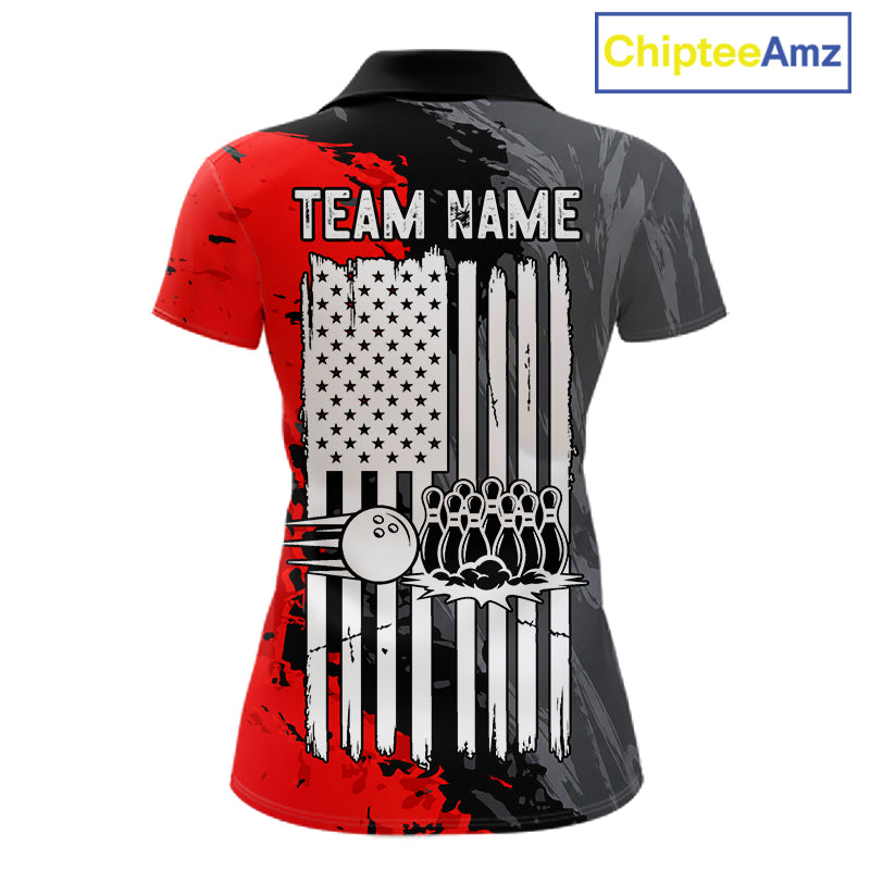 American Flag Grey And Red Grunge Women Bowling Shirt Custom Patriotic Youth Bowling Team Jerseys NYN4989