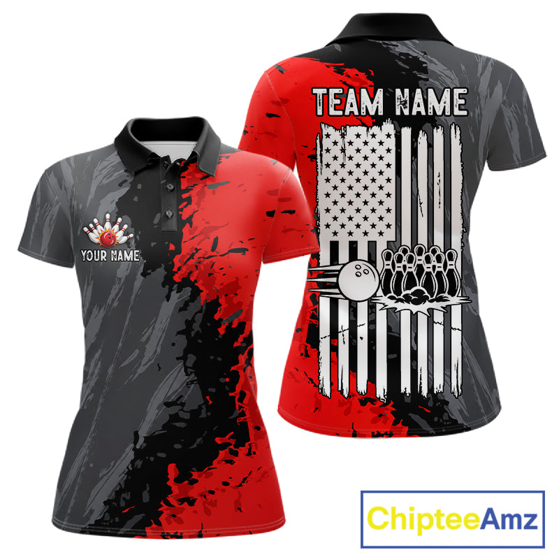 American Flag Grey And Red Grunge Women Bowling Shirt Custom Patriotic Youth Bowling Team Jerseys NYN4989
