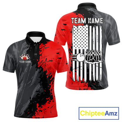 American Flag Grey And Red Grunge Mens Bowling Shirt Custom Patriotic Youth Bowling Team Jerseys NYN4989