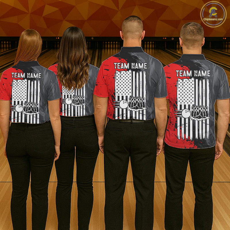 American Flag Grey And Red Grunge Women Bowling Shirt Custom Patriotic Youth Bowling Team Jerseys NYN4989