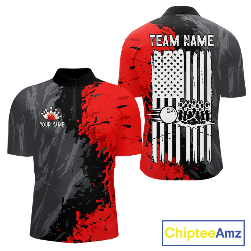 American Flag Grey And Red Grunge Mens Bowling Shirt Custom Patriotic Youth Bowling Team Jerseys NYN4989