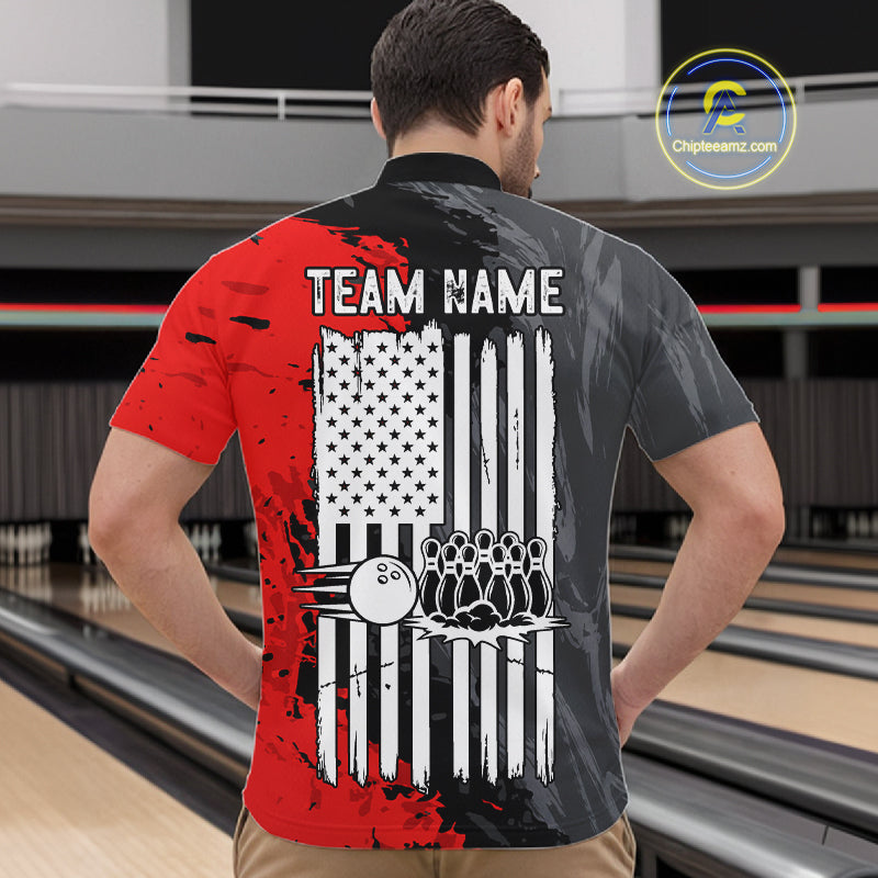American Flag Grey And Red Grunge Mens Bowling Shirt Custom Patriotic Youth Bowling Team Jerseys NYN4989