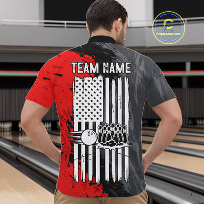 American Flag Grey And Red Grunge Mens Bowling Shirt Custom Patriotic Youth Bowling Team Jerseys NYN4989