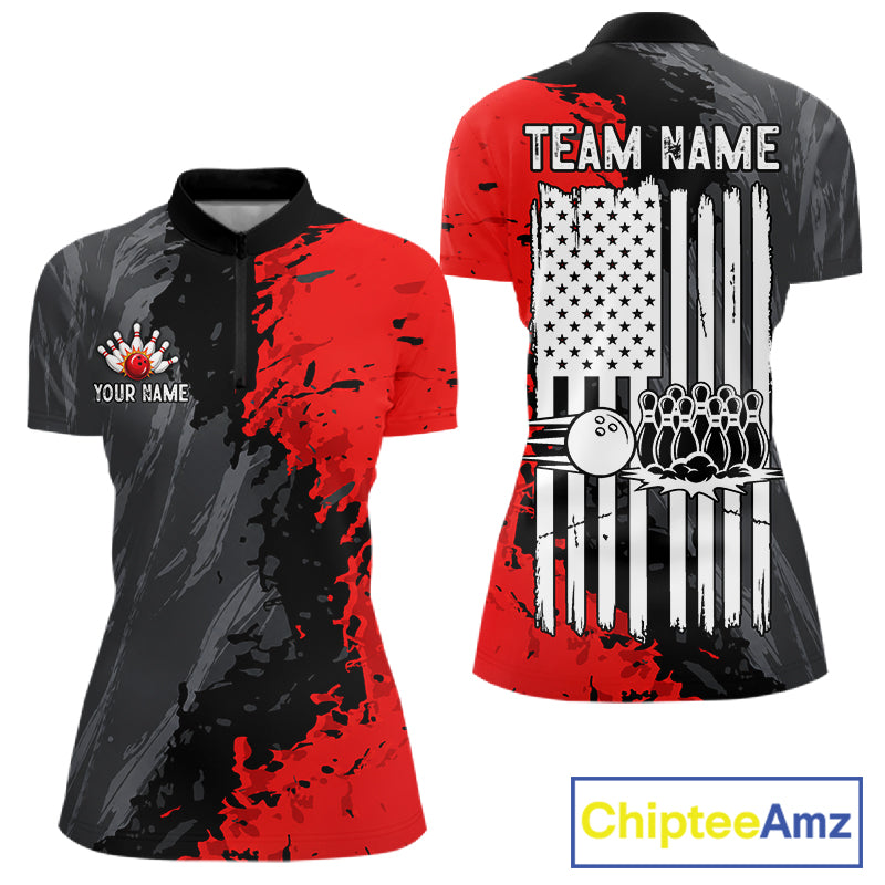 American Flag Grey And Red Grunge Women Bowling Shirt Custom Patriotic Youth Bowling Team Jerseys NYN4989