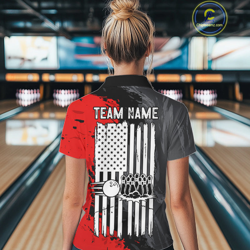 American Flag Grey And Red Grunge Women Bowling Shirt Custom Patriotic Youth Bowling Team Jerseys NYN4989