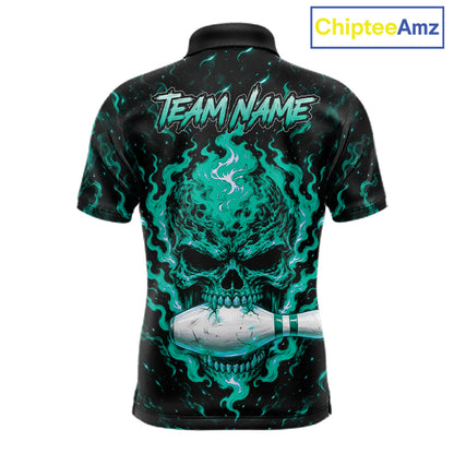 Custom Teal Fire Skull Mens Bowling Polo Quarter-Zip Personalized Flaming Skull Bowling Jersey NYN4992
