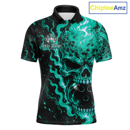 Custom Teal Fire Skull Mens Bowling Polo Quarter-Zip Personalized Flaming Skull Bowling Jersey NYN4992