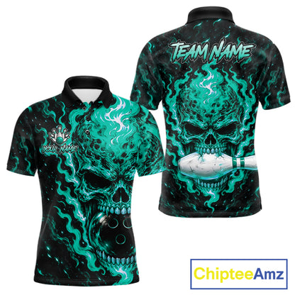 Custom Teal Fire Skull Mens Bowling Polo Quarter-Zip Personalized Flaming Skull Bowling Jersey NYN4992