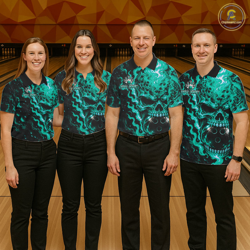 Custom Teal Fire Skull Mens Bowling Polo Quarter-Zip Personalized Flaming Skull Bowling Jersey NYN4992