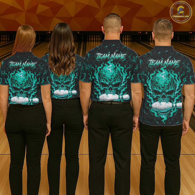 Custom Teal Fire Skull Mens Bowling Polo Quarter-Zip Personalized Flaming Skull Bowling Jersey NYN4992