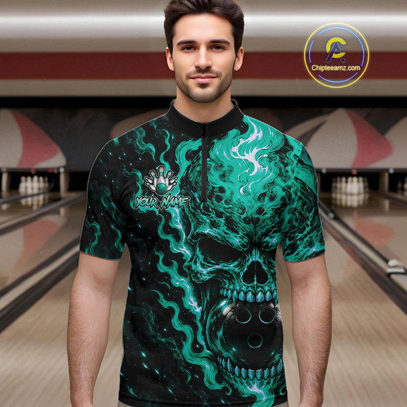Custom Teal Fire Skull Mens Bowling Polo Quarter-Zip Personalized Flaming Skull Bowling Jersey NYN4992
