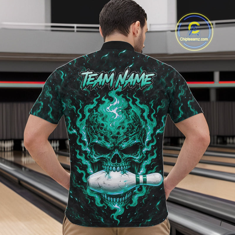 Custom Teal Fire Skull Mens Bowling Polo Quarter-Zip Personalized Flaming Skull Bowling Jersey NYN4992