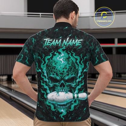 Custom Teal Fire Skull Mens Bowling Polo Quarter-Zip Personalized Flaming Skull Bowling Jersey NYN4992