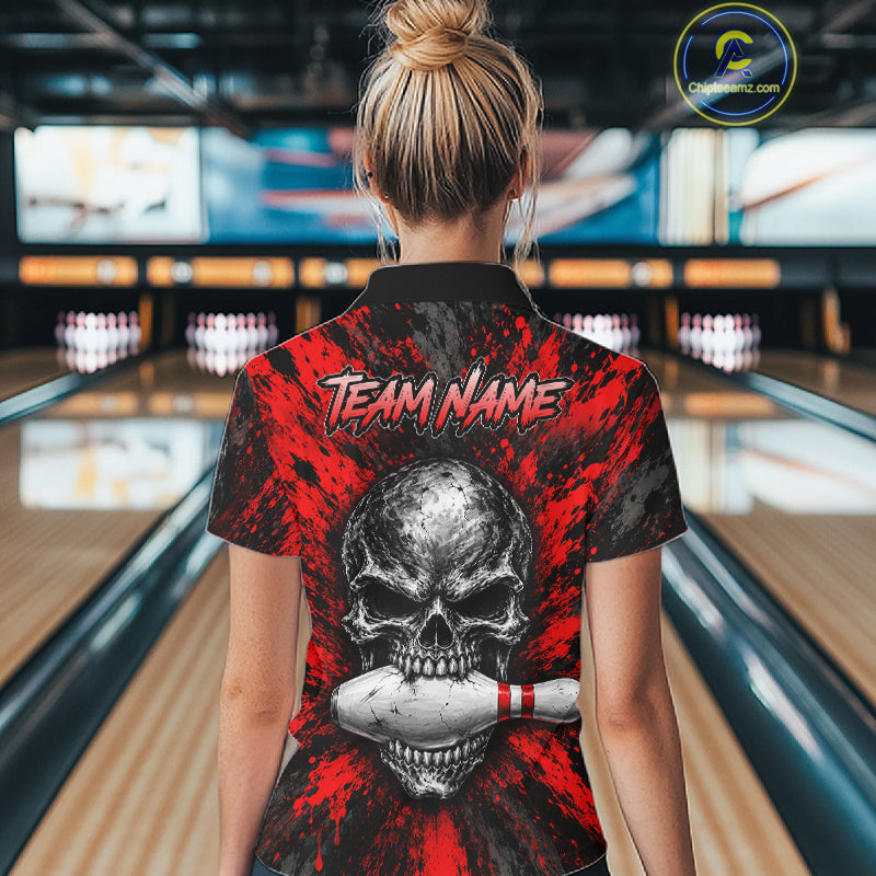 Red Brush Grunge Skull Women Bowling Polo Quarter-Zip Personalized Youth Bowling Team Jersey NYN4993
