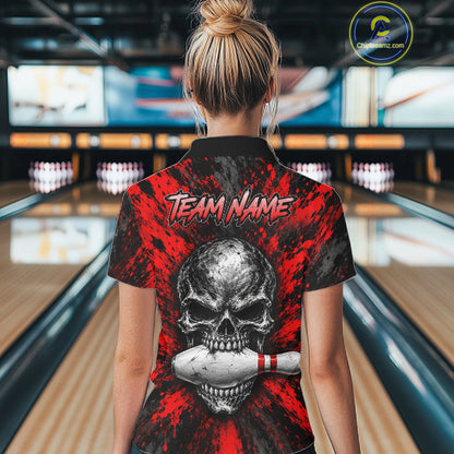 Red Brush Grunge Skull Women Bowling Polo Quarter-Zip Personalized Youth Bowling Team Jersey NYN4993