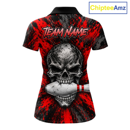 Red Brush Grunge Skull Women Bowling Polo Quarter-Zip Personalized Youth Bowling Team Jersey NYN4993