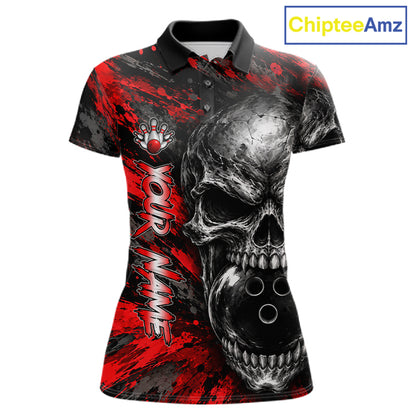 Red Brush Grunge Skull Women Bowling Polo Quarter-Zip Personalized Youth Bowling Team Jersey NYN4993