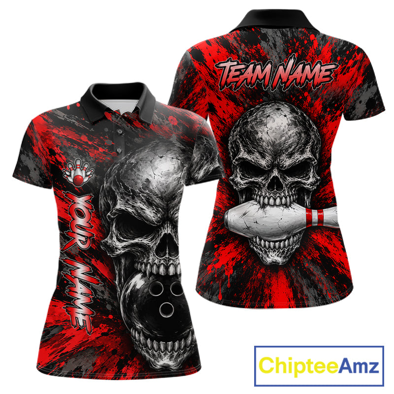 Red Brush Grunge Skull Women Bowling Polo Quarter-Zip Personalized Youth Bowling Team Jersey NYN4993