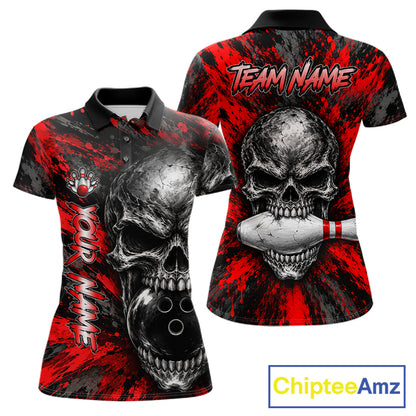 Red Brush Grunge Skull Women Bowling Polo Quarter-Zip Personalized Youth Bowling Team Jersey NYN4993