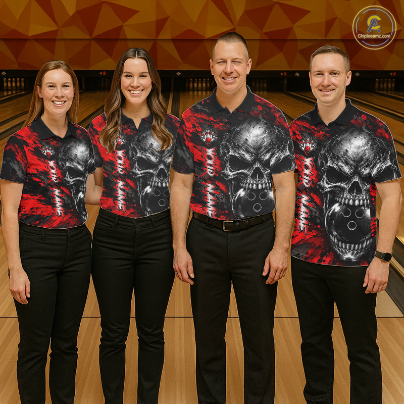 Red Brush Grunge Skull Women Bowling Polo Quarter-Zip Personalized Youth Bowling Team Jersey NYN4993