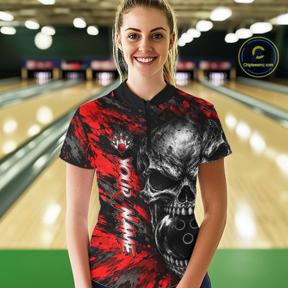 Red Brush Grunge Skull Women Bowling Polo Quarter-Zip Personalized Youth Bowling Team Jersey NYN4993
