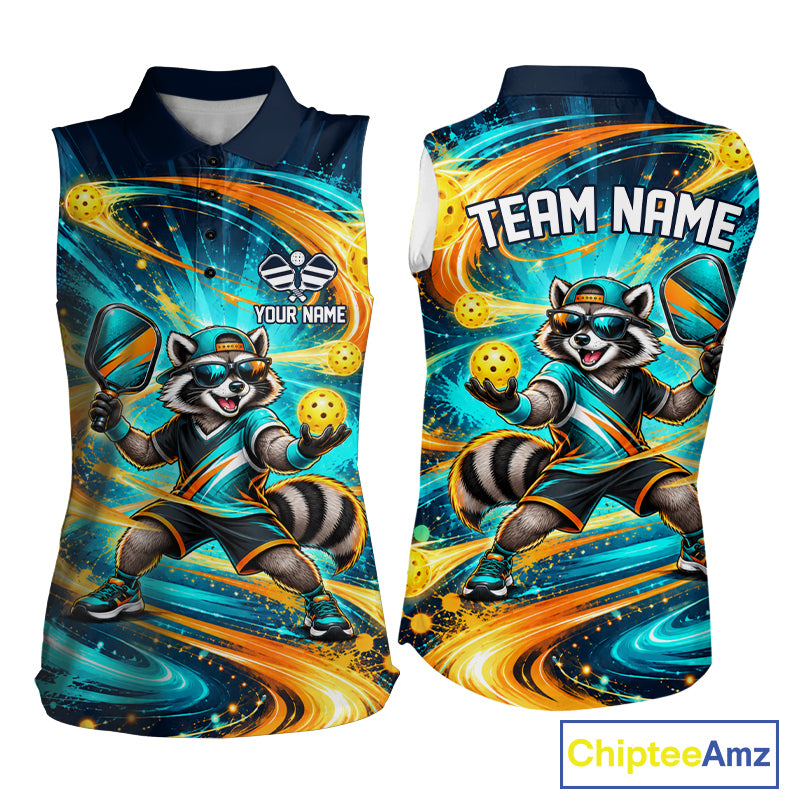 Cool Raccoon Funny Pickleball Sleeveless Polo Shirt For Women Custom Turquoise Orange Swirl Pickleball Shirt NYN5010