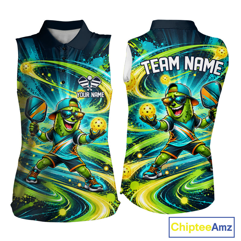 Cool Pickle Funny Pickleball Sleeveless Polo Shirt For Women Custom Turquoise Green Swirl Pickleball Shirt NYN5011