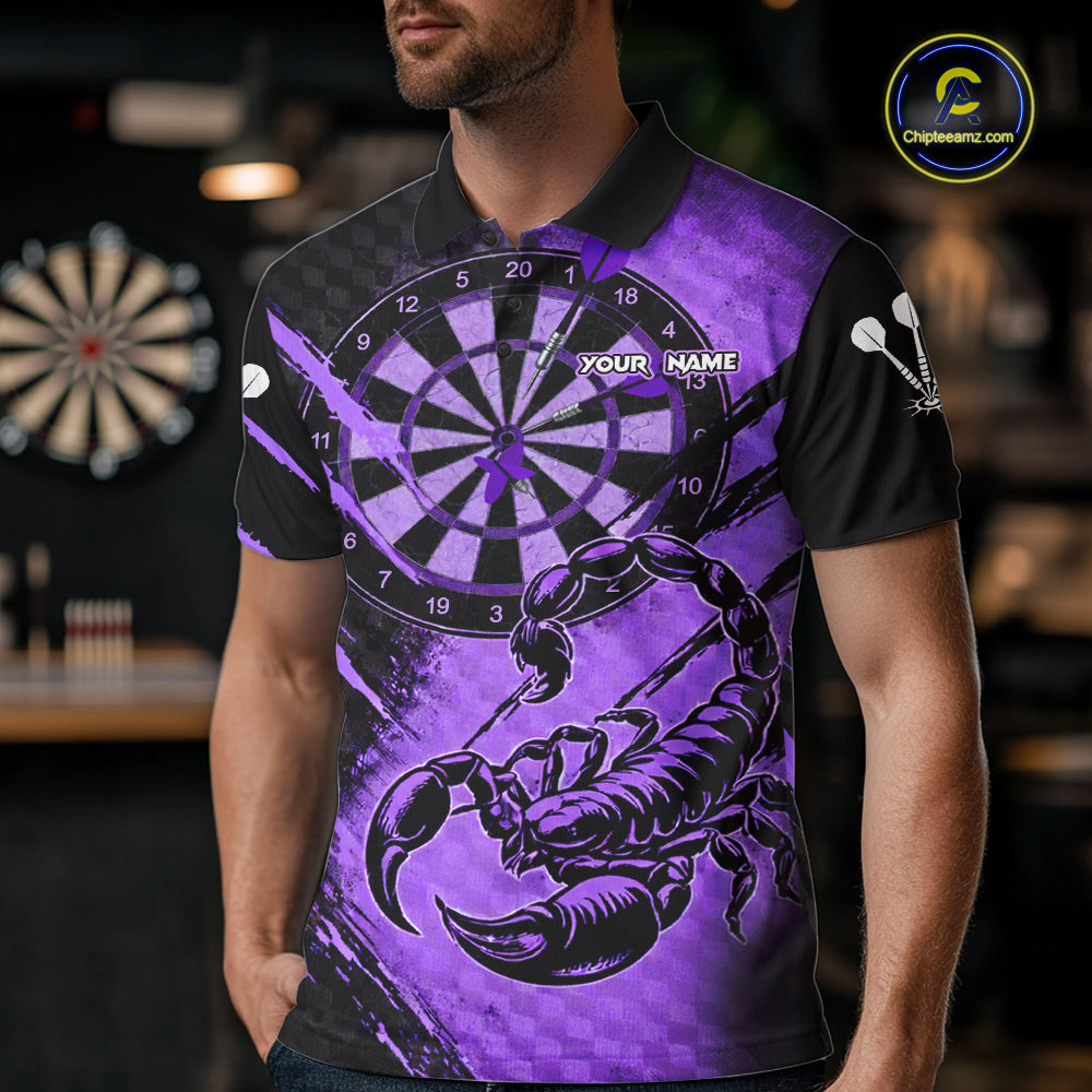 Black And Purple Grunge Scorpion Custom Funny Darts Polo Shirts Men Dart Team Jerseys NYN2274