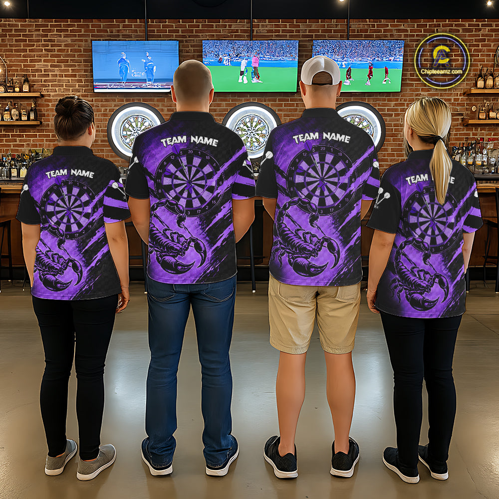 Black And Purple Grunge Scorpion Custom Funny Darts Polo Shirts Men Dart Team Jerseys NYN2274